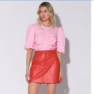 NWT Walter Baker M Ruched Janet Top Pink Button Puff Sleeved Cotton Poplin $158